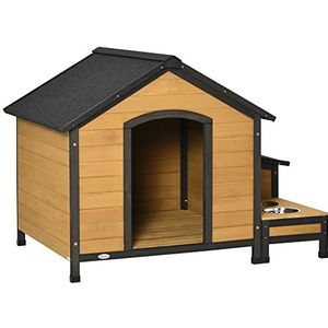 Pawhut houten hondenhok met 2 hondenbakken, asfaltdak, weerbestendige buitenhut voor buitengebruik, natuurlijk hout, 130 x 93 x 92 cm