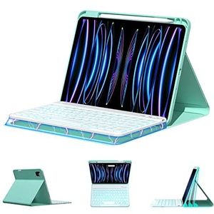 Toetsenbordhoes voor iPad Air 11"" M2 2024, Pro 11 inch 2022/2021/2020/2018 en Air4/Air5 10.9 (2022/2020), 7-Kleuren Achtergrondverlicht Afneembaar Draadloos Toetsenbord Met Penhouder,Groen