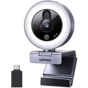 UGREEN 2K webcam met ringlicht PC-camera met microfoon Streamingcamera met cover Vaste focus 4 invullichtniveaus 80° FOV USB-A/C-aansluiting Compatibel met pc/laptop/Windows/Mac/Linux/Skype