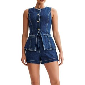 Dames Denim 2-delige Set Casual Mouwloze Hoge Taille Vrouwen Set Denim Shorts 2-delige Korte Sets, Blauw, S