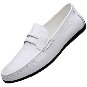 Loafers for heren met vierkante neus PU-leer Penny Loafers Flexibele comfortabele platte hak Wandelschoenen Bruiloft instapper (Color : White, Size : 39 EU)