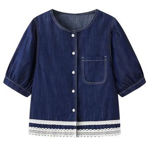 QOUERUUE Dames Denim Shirt Katoen Kant Trim Korte Mouw Button Down Y2k Jean Zomer Babydoll Tops,Blauw,L