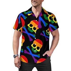 Gay Pride Vlag Schedel Crossbones Heren Casual Button-Down Shirts Korte Mouw Cubaanse Kraag Tees Tops Hawaiiaans T-shirt 4XL