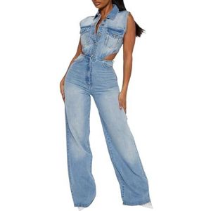 LoprNsdgt Dames Button Down Uitgaan Jumpsuits Holle Hoge Taille Wijde Pijpen Casual Denim Romper,Blauw,L