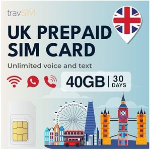 travSIM UK Sim Prepaid | 40GB Data + Onbeperkt bellen & Sms'en | 4G/5G Snelheid | Werkt in het hele Verenigd Koninkrijk | UK sim card is 30 dagen geldig