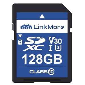 LinkMore Geheugenkaart SD-kaart 128 GB, compatibel met camera, pc, UHS-I, U3, V30, klasse 10, leessnelheid tot 98 MB/s, schrijfsnelheid tot 75 MB/s.