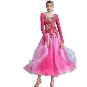 MLYYX Dames Lace Salon Wedstrijd Jurken Mesh Walsh Danskleding Lange Mouwen Tango Rok Moderne Performance Danskleding, Roze, L