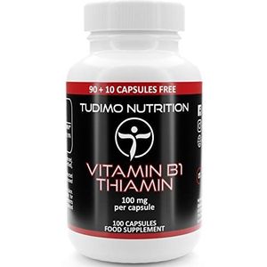 Vitamine B1 100 mg Thiamine Capsules - 100 st. (3+ Maanden Voorraad) van Snelle Desintegrerende Capsules elk met 100mg Premium Kwaliteit Thiamine Mononitraat Poeder