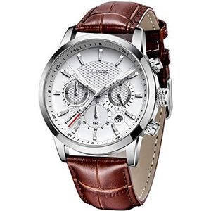 LIGE Heren Horloges Mode Eenvoudige Lederen Analoge Quartz Horloges Voor Mannelijke Klassieke Casual Business Ultral-Dunne Ronde Wijzerplaat Horloge Heren, Jurk Horloge, Bruin Wit, 8.07, Chronograaf