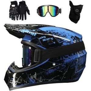 Dubbele Sport Motorcross Helm Set, Jeugd Kinderen Integraal Offroad Race Motor Botsing Helmen, Bergafwaarts BMX MTB ATV Enduro Quad Dirt Bike Helm, met Bril Handschoenen Masker(Blue,L/56-57CM)