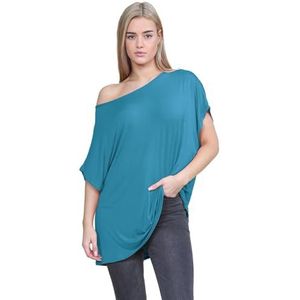 Hamishkane® Bardot Baggy-stijl oversized T-shirt voor dames - nieuwe effen dames off-shoulder vleermuistop, modieuze damestops voor casual feestkleding, Turkoois, 42-44 grote maten