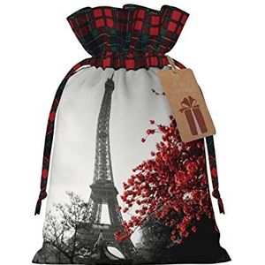 LAMAME Grijs Parijs Eiffeltoren Cityscape Rode Bloem Gedrukt Kerst Trekkoord Tas Snoep Zak Feestelijke Party Gift Bag
