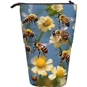 Nbtghga Honing Bijen Bloemen Print Potlood Telescopische Klassieke Kunsten Stand Up Potlood Case Organizer Potlood Houder Make-up Tas Gift, Zwart, Eén maat
