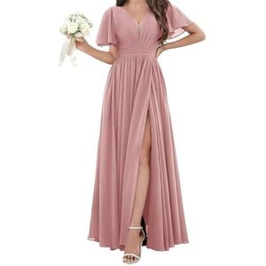 Chiffon bruidsmeisjesjurken voor dames, voor bruiloft, met split, avondgalajurken, cocktailjurken, grote maten, Stoffige Roos, 32