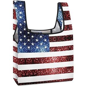 USA Vlag Rood Blauw Sparkles Glitters Herbruikbare Boodschappentassen Opvouwbare Boodschappentassen Grote Opvouwbare Tote Bag met Lange Handgrepen