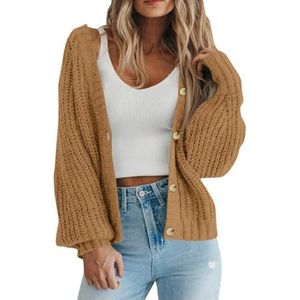 UPPJPBSW Dames Chunky Knit Trendy Casual Lantaarn Cardigans Trui Lange Mouw Open Voor Knopen Gebreide Bovenkleding Jassen,Goud,3X Large