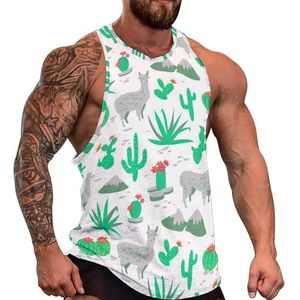 Alpaca lama en cactus tanktop voor heren, grafische mouwloze bodybuilding-T-shirts, casual strand-T-shirt, grappig sportschool-spierweefsel