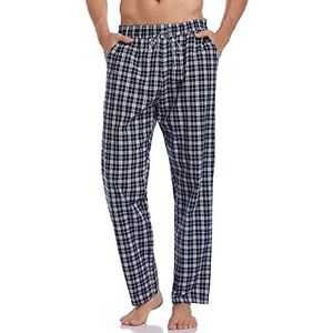 NC Lange pyjamabroek voor heren, katoen, geruite slaapbroek, pyjamabroek, vrijetijdsbroek, loungebroek voor mannen, Donkerblauw + wit., L