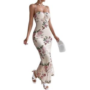 jurken voor dames Bloemenprint met stropdas aan de voorkant, halternek, rugloze cami-jurk met zeemeerminzoom (Color : Apricot, Size : X-Small)