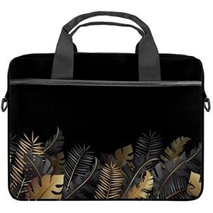 Dinosaurussen Huis Bus Boom Laptop Schouder Messenger Bag Crossbody Aktetas Messenger Sleeve voor 13 13.3 14.5 Inch Laptop Tablet Beschermen Tote Bag Case, Gouden Monstera Bladeren, 11x14.5x1.2in /28x36.8x3 cm