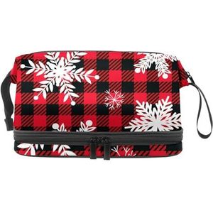 Sneeuwvlokken op rood zwart geruit dubbellaags cosmetische tas voor dames en meisjes, reistoilettas make-up handige etui organizer tas met borstelvak, Meerkleurig, 27x15x14 cm/10.6x5.9x5.5 in,