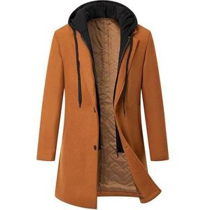 Wolmix Trenth Jas Met Enkele Rij Knopen Afneembare Hoed Casual Winddichte Winterjas Halflang Uitloper (Color : Camel, Size : Men-XL)