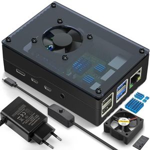 Miuzei Behuizing voor Raspberry Pi 4 met behuizing zichtbare acryl ventilator koeling aluminium koellichaam 5 V 3 A USB-C AAN/UIT-schakelaar voeding Pi 4b Case compatibel met Pi 4 Model B 8 GB/4 GB/2 GB zwart