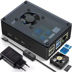 Miuzei Behuizing voor Raspberry Pi 4 met behuizing zichtbare acryl ventilator koeling aluminium koellichaam 5 V 3 A USB-C AAN/UIT-schakelaar voeding Pi 4b Case compatibel met Pi 4 Model B 8 GB/4 GB/2 GB zwart