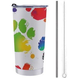 AQRJLPM Kleurrijke hondenpoot print auto beker roestvrij staal 20oz beker met rietje en deksels lekvrij geïsoleerde roestvrij staal reizen koffiemok pobtable voor koude warme dranken camping