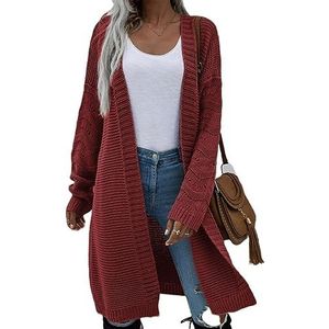 Dames Vest,Women'S Aran Cable Knit Hollow Out Cardigan Open Voorkant Lang Vest Baggy Slouch V-Hals Kasjmier Trui Elegante Overgangsjas Cardigan Jas Uitloper Herfst Winter,Red,Xl