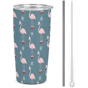 Kerst Patroon Met Flamingo Reizen Koffie Mok Rvs Tumbler Met Deksel En Stro Geïsoleerde Cup Voor Auto Thuis 17oz
