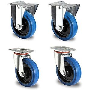 der ROLLENDE SHOP - Wielen set - 2 zwenkwielen en 2 bokwielen met rollager - 125 mm diameter - Serie R4F1 - ""Blue Wheels