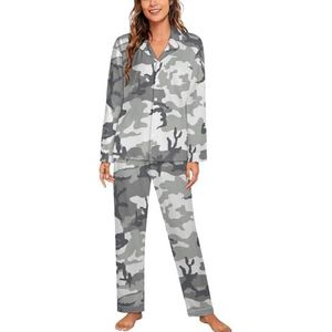 Grijze Camouflage Vrouwen Pyjama Sets Tweedelige Button Down Nachtkleding Lange Mouw Top En Broek Loungewear