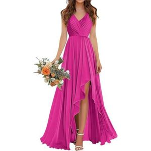 SAMHO Ruches V-hals bruidsmeisjes jurken met split chiffon lang korset A-lijn ruches bruiloft formele feestjurk, roze (hot pink), 54