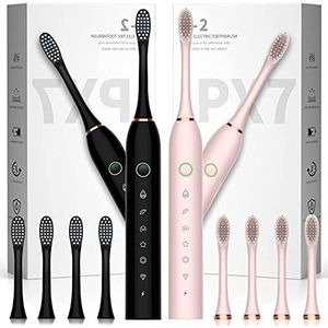 Apartment 2 Cards FBA-YSHF150-0718 Elektrische tandenborstel voor volwassenen, 6 modi 42000vpm, met 8 opzetborstels, sonische elektrische tandenborstel zwart+roze