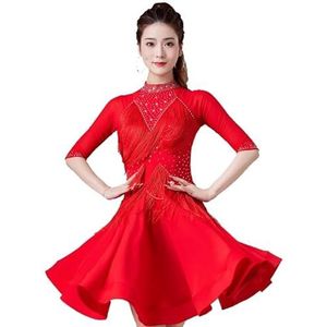 Rood,L,Hynyjxjy Kwastjes Latijns Dans Voorstellings Kostuums Dames Salsa Dansoutfit Met Middellange Mouwen Mesh Splice Ballroom Dansjurken Tango Danskleding Met Strass