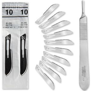 Set van 50 steriele scalpelmessen figuur 10 van koolstofstaal - reservemesjes + 1 x Shehadeh - scalpelhouder - roestvrij staal