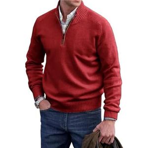 Heren Kasjmier Ritssluiting Basic Trui Kwart Rits Heren Trui, Gebreide Heren Basic Crewneck Pullover, rood, L