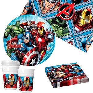 Procos - Avengers kinderservies, decoratie superhelden voor verjaardag, doop, communie (bekers, borden, servetten, tafelkleed), wegwerpservies, 8 personen, 37-delig