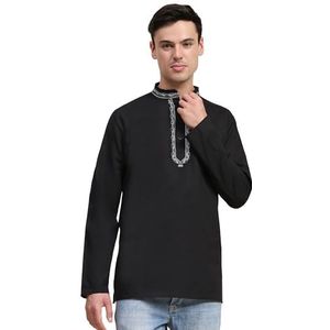 SKAVIJ Mannen Katoen Kort Kurta Overhemd Ronde Nek Tuniek Normale Pasvorm (Zwart, Gemiddeld)