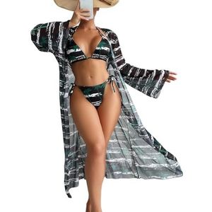 Badmode dames split 3-delig bedrukt bikini badpak met lange mouwen, Zwart, XL