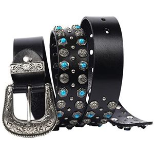 Turquoise Damesriem Met Studs En Klinknagels - Handgemaakt Rundleer Met Gesp Met Westerse Bloemenprint(Black,105cm/waist:35"")