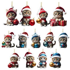 2D Kerstkat hangende decoraties, 7,5 cm, schattig kitten met kerstbal, mini-kerstboomversieringen, dubbelzijdig bedrukte hangers voor kattenliefhebbers, Kerstmis woondecoratie