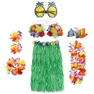 Dames meisjes hoelarok 8 stks/set plastic vezels meisjes vrouw Hawaiiaanse rok gras kostuum bloem rok zonnebril hoela dansjurk feest Hawaii strand (kleur: B-groen, maat: 80 cm)