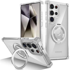 Telefoonmode Compatibel met Samsung Galaxy S24 Ultra-hoesje, kristalhelder, 360° draaibare magnetische ringstandaard, [niet vergeeld] [verhoogd cameraframe] schokbestendige telefoonbumperhoes Telefoon