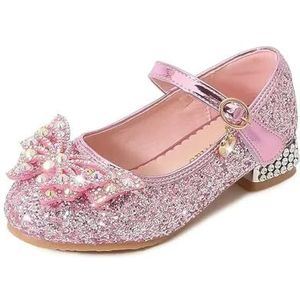 Prinsessenschoenen voor meisjes, lederen schoenen met sneeuwvlokkenpatroon en enkele riem, kristallen schoenen met pailletten voor kinderen (kleur: roze, maat 26 17.