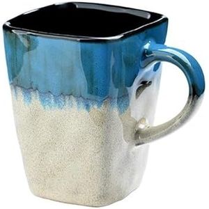 BLacOh Mokken retro persoonlijkheid vierkante beker keramische mok met grote capaciteit met lepel koffiekop thuis creatieve kopje koffiemokken (maat: 410 ml, kleur: A blauw)