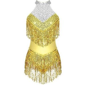 Danskostuums Sparkly kwastje bodysuit dames glanzende pailletten prestatie kostuum uit één stuk Latin Dancewear tango podium turnpakje Rave festivaljurk (Color : Gold, Size : L)