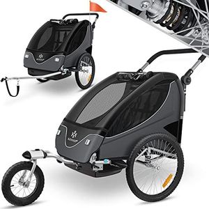 KESSER® Cruiser Kinderfietskar 360° draaibaar met vering 2in1 Jogger functie Kinderfietskar + 5-puntsgordel Jogger Fietskar voor 1 tot 2 kinderen max. 40kg - Zwart/Antraciet