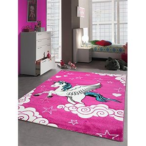 Kindertapijt Game tapijt kinderkamer tapijt eenhoorn design met contour cut roze crème turquoise afmeting 120x170 cm